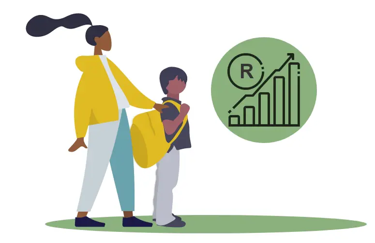 Child with his mother next to chart depicting a raise in value